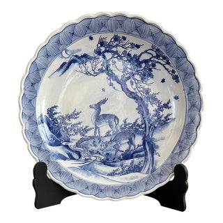 Late 19th Century Large Japanese Blue and White Charger With Crescent Moon, Tree, and Deer For Sale