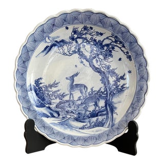 Late 19th Century Large Japanese Blue and White Charger With Crescent Moon, Tree, and Deer For Sale