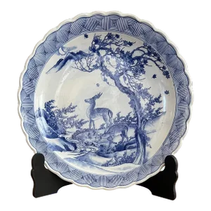 Late 19th Century Large Japanese Blue and White Charger With Crescent Moon, Tree, and Deer