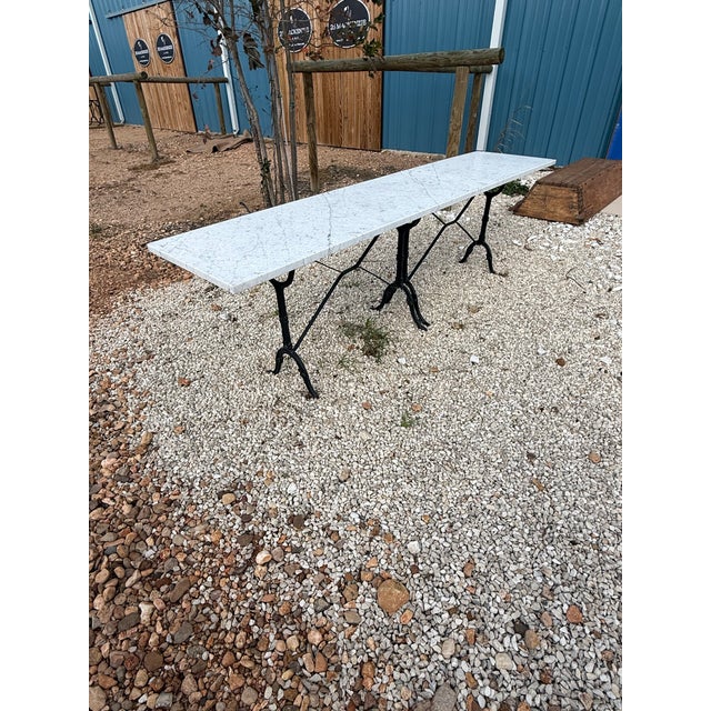 1940s 1940s Long Vintage French Art Deco Double Base Cast Iron Carrara Marble Top Bistro Table or Dining Table For Sale - Image 5 of 12