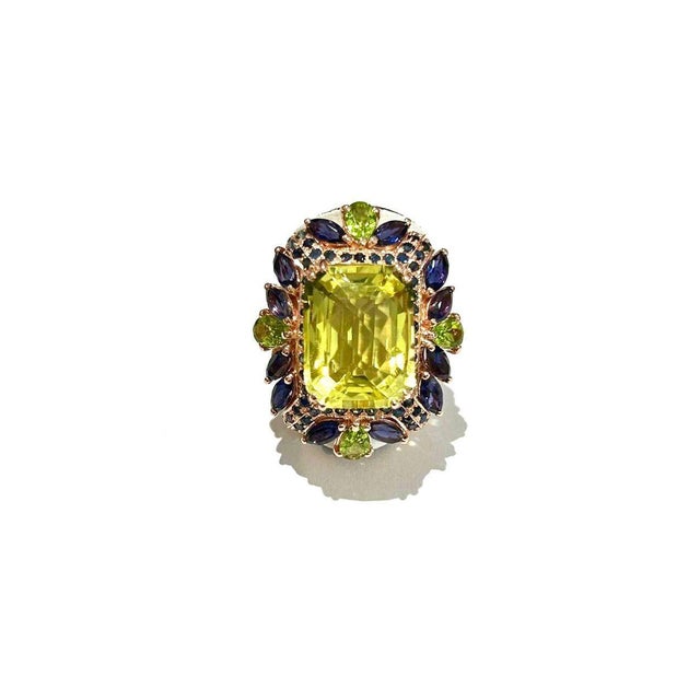 Bochic “Capri” Vintage Sapphire, Peridot & Lemon Quartz Ring Set In 18K Gold & Silver For Sale - Image 11 of 12