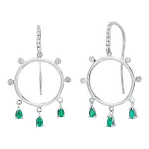 14 Karat White Gold Circle Hoop 1.65 Inch Earrings With Emeralds and Diamonds - 2 Pieces