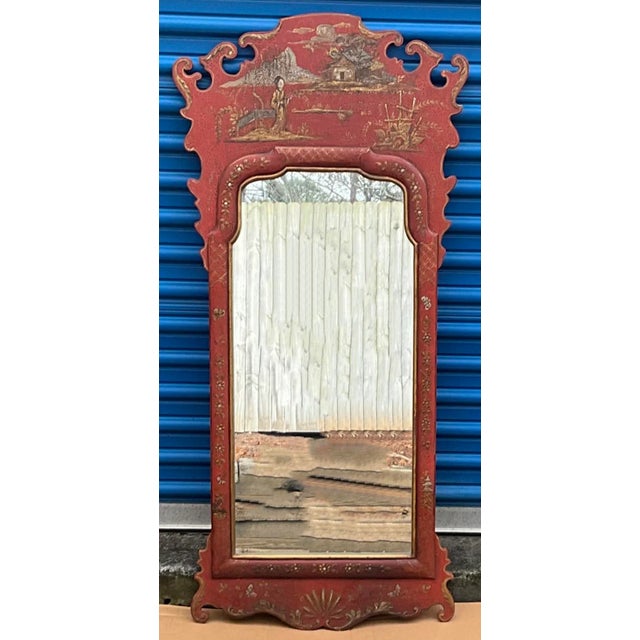 20th Century Georgian Style Hand Painted Chinese Red Chinoiserie Mirror For Sale In Atlanta - Image 6 of 8