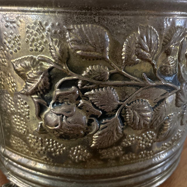 Vintage Claw Footed Embossed Aged Brass Planter/Jardiniere With Grape and Vine Clusters For Sale - Image 4 of 12