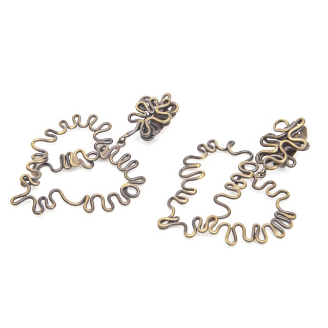 Modern Vintage Artisan Squiggly Hand Wrought Brass Clip on Dangle Earrings, !970's For Sale - Image 3 of 8