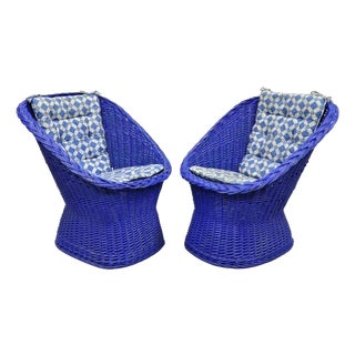 Vintage Mid Century Modern Blue Painted Wicker Rattan Pod Club Chairs - A Pair For Sale