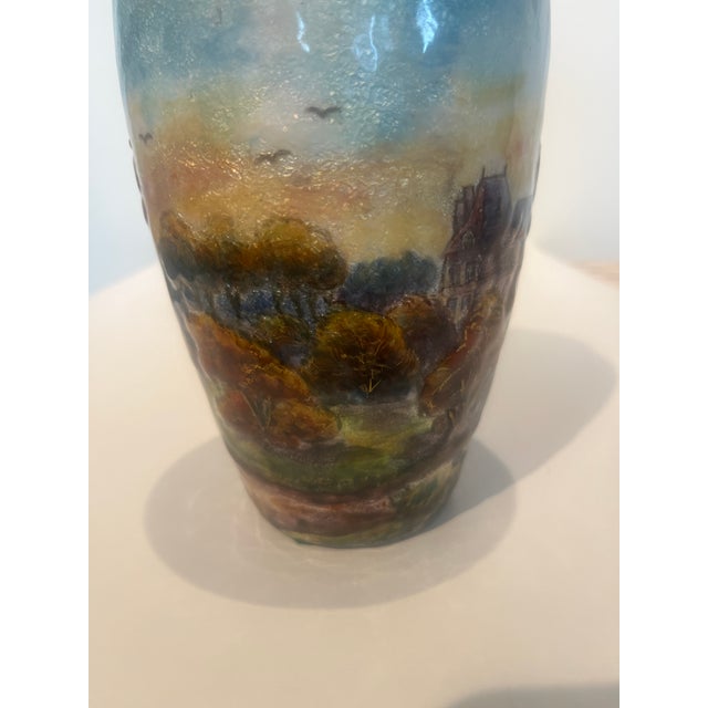Antique Late 19th Century French Countryside Chateau Painted Enamel on Copper Scenic Vase Signed and Marked France Circa 1900 For Sale - Image 4 of 13