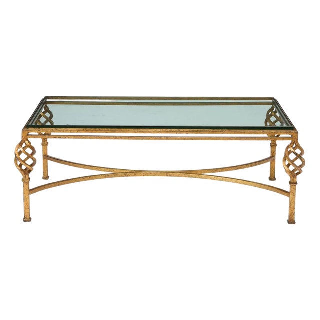 Hollywood Regency Gilt Iron and Glass Coffee Table With Lattice Twist Detail For Sale