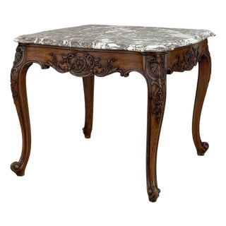 Antique French Régence Style Carved Oak Sainte Anne Marble End Table For Sale