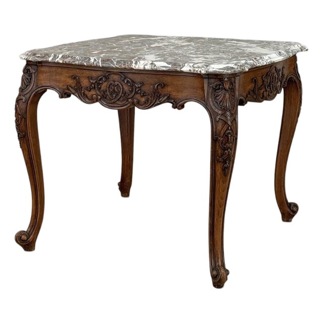 Antique French Régence Style Carved Oak Sainte Anne Marble End Table For Sale