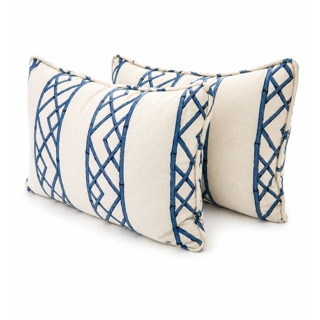 Mid-Century Modern Pair of Kravet Blue Bamboo Lattice Lumbar Pillows For Sale - Image 3 of 6
