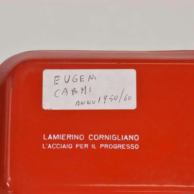 AMBIANIC presents 1950s Enamel Plate by Italian artist Eugenio Carmi, signed. Abstract modernism for Lamierino Cornigliano...