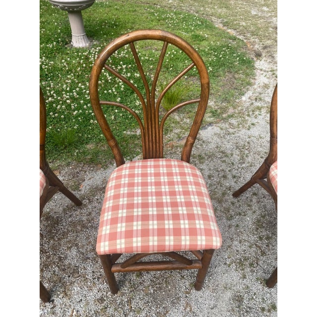 Wood Vintage Rattan Dining Chairs - Mid Century Coastal Bamboo Dining Set - Palm Beach Regency Boho Kitchen Chairs (Set of 6) For Sale - Image 7 of 14