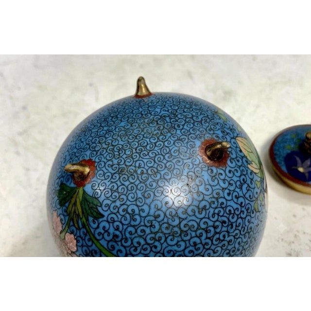 Metal Antique Japanese Cloisonné Footed Ginger Jar With Floral & Butterfly Motif For Sale - Image 7 of 7
