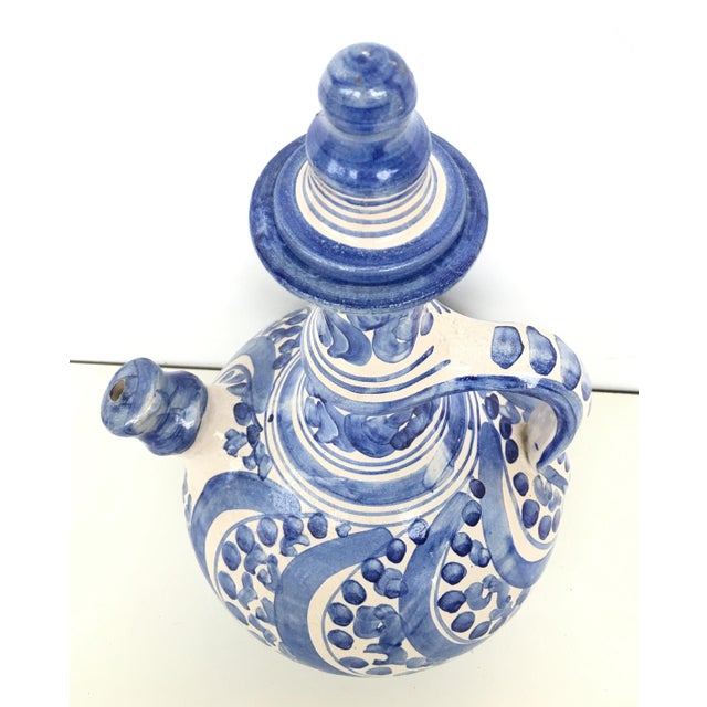 Rustic 20th Century Glazed Earthenware Spanish Blue and White Painted Pitcher With Top For Sale - Image 3 of 6
