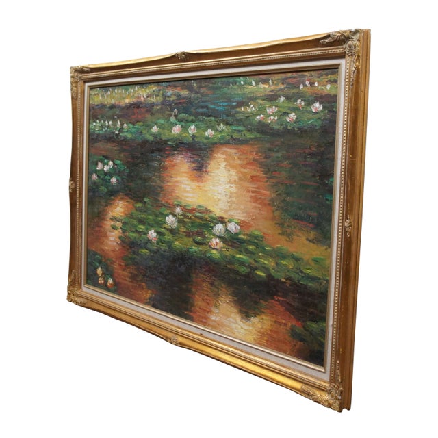 Vintage 20th century oil painting on canvas of a pond lit by an orange sunset full of pink and white water lilies / green...