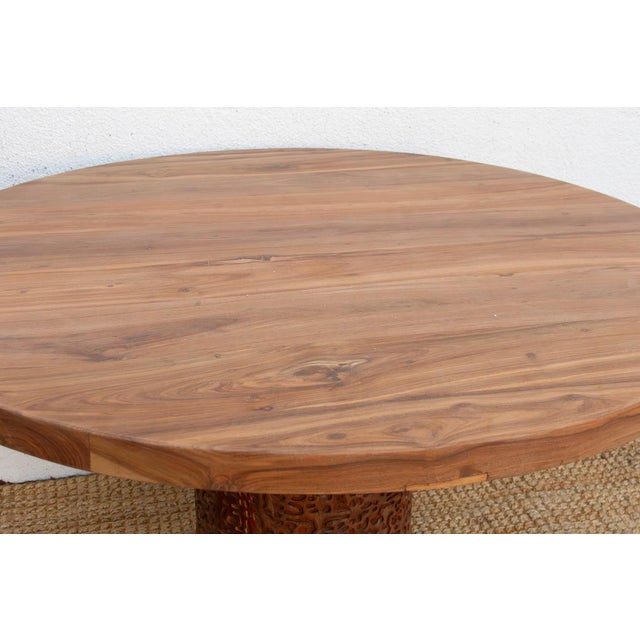 Finely Carved Reclaimed Teak Round Pedestal Dining Table For Sale - Image 10 of 12