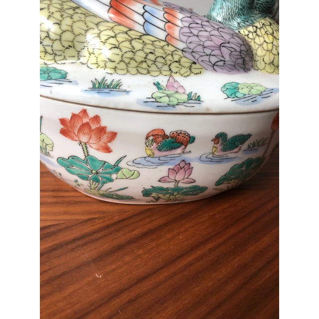 Vintage Famille Rose Hand-Painted Polychrome Duck Covered Box/Tureen For Sale - Image 9 of 13