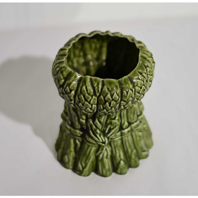 Vintage Ceramic Majolica Style Vase With Ribbon Tied Around a Stalk of Asparagus For Sale In Chicago - Image 6 of 8