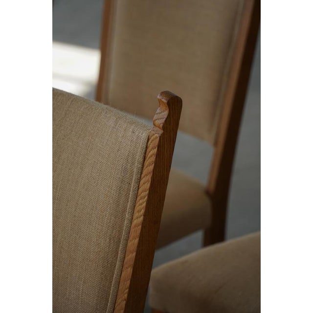 Danish Modern Dining Chairs in Oak and Hessian by Henning Kjærnulf, 1950s, Set of 10 For Sale - Image 6 of 18