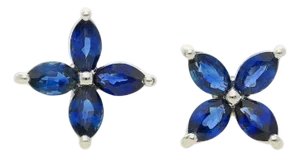 2.50 Carat Blue Sapphire Marquise Flower 18k White Gold Stud Earrings, A Pair