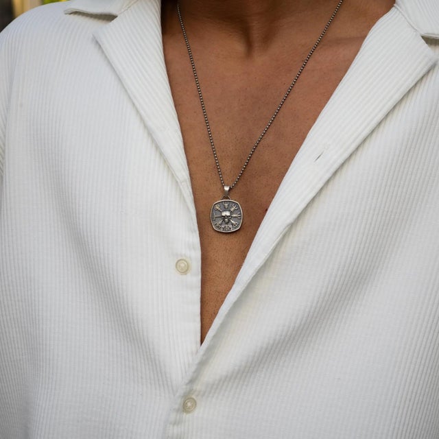 Norse Viking Vegvisir Protection Symbols & Skull Pendant Sterling Silver Necklace For Sale - Image 4 of 12