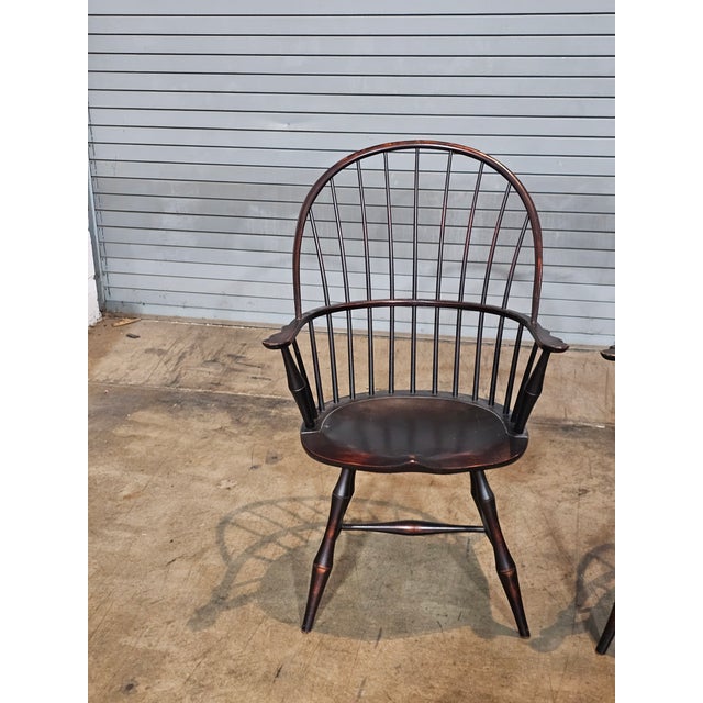 Black Late 20th Century Pair of d.r. Dimes Sack Back Windsor Arm Chairs Bench Made Black Crackle Finish For Sale - Image 8 of 8