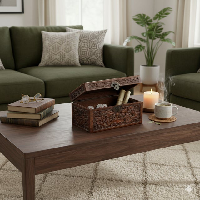 Oriental Dragons Motif Treasure Chest Box Distressed Brown Color Wood For Sale - Image 10 of 12