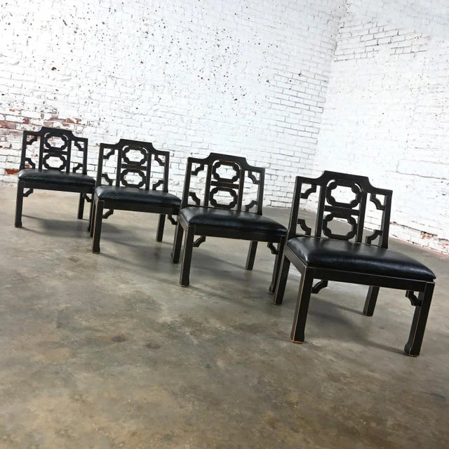 Wood 1971 Hollywood Regency Chinoiserie Chinese Chippendale Style Occasional Chairs by Thomasville Black Low Profile Set of 4 For Sale - Image 7 of 12
