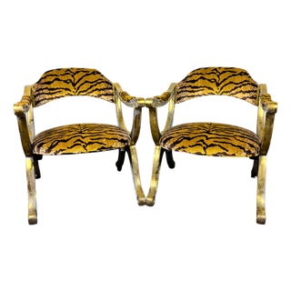 Vintage Curule Style Chair Pair Newly Upholstered Silk Tiger Velvet For Sale
