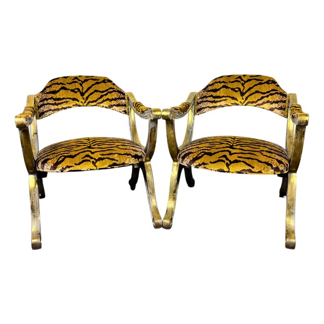 Vintage Curule Style Chair Pair Newly Upholstered Silk Tiger Velvet For Sale