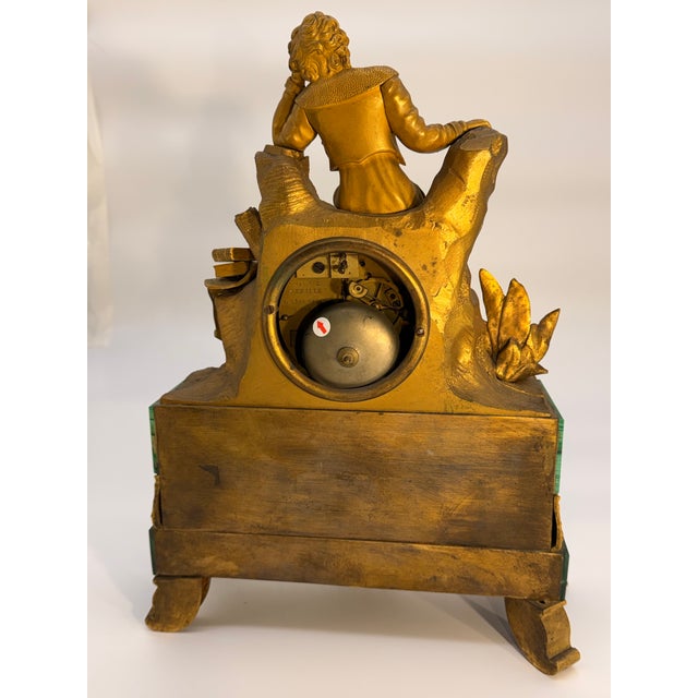 French Antique Charles X Period Ormolu and Malachite Figural Mantel Clock For Sale - Image 3 of 9