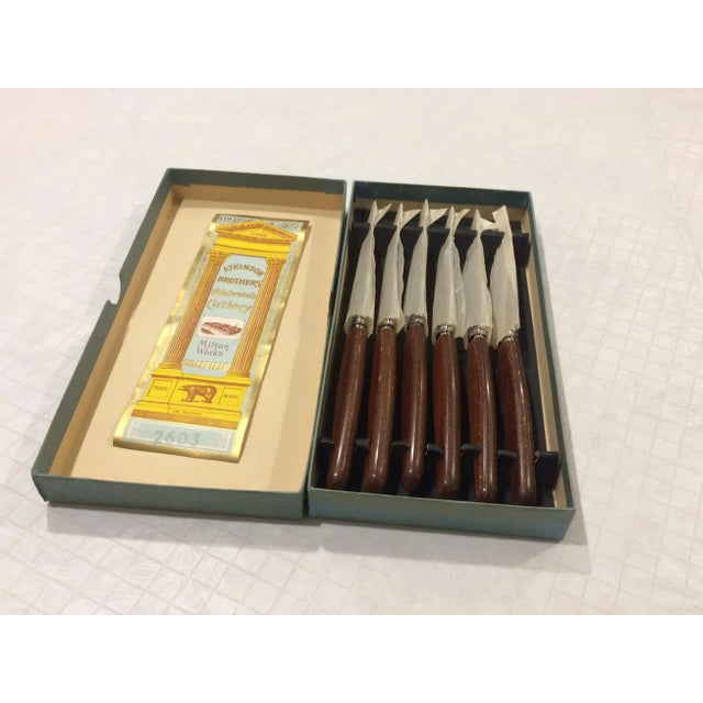 Set Of 6 Mid Century Steak Knives Made In Sheffield, England. Stainless Steel Blade With Serrated Edges With Wood Handles...