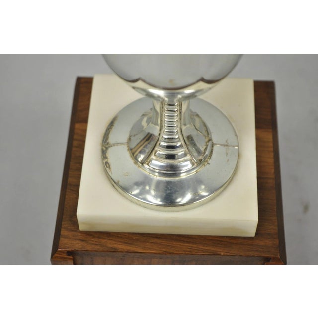 Vintage 1970s Art Deco Silver Metal Marble & Wood Figural Golf Trophy Award Cup For Sale - Image 11 of 17