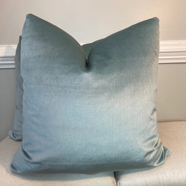 Transitional Aqua Silk Velvet 22” Pillows-A Pair For Sale - Image 3 of 5