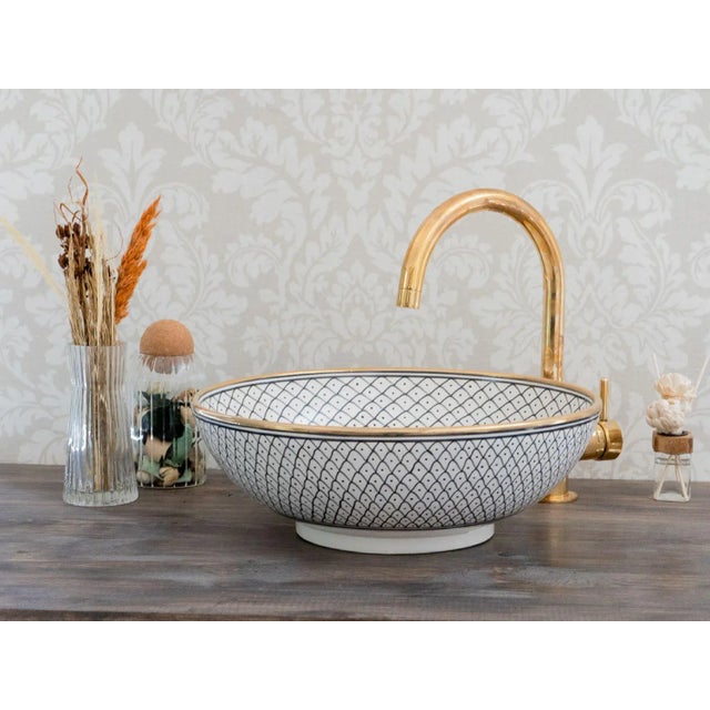 Contemporary Ceramic 14k Gold Rim Handmade Top Bathroom Sink For Sale - Image 3 of 4