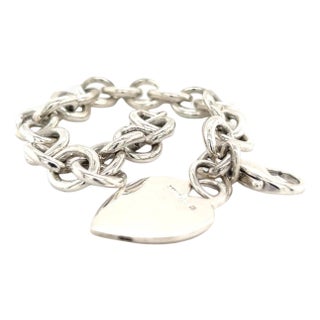 1990s Tiffany & Co Estate Heart Charm Bracelet Sterling Silver 7.5" 36 Grams For Sale