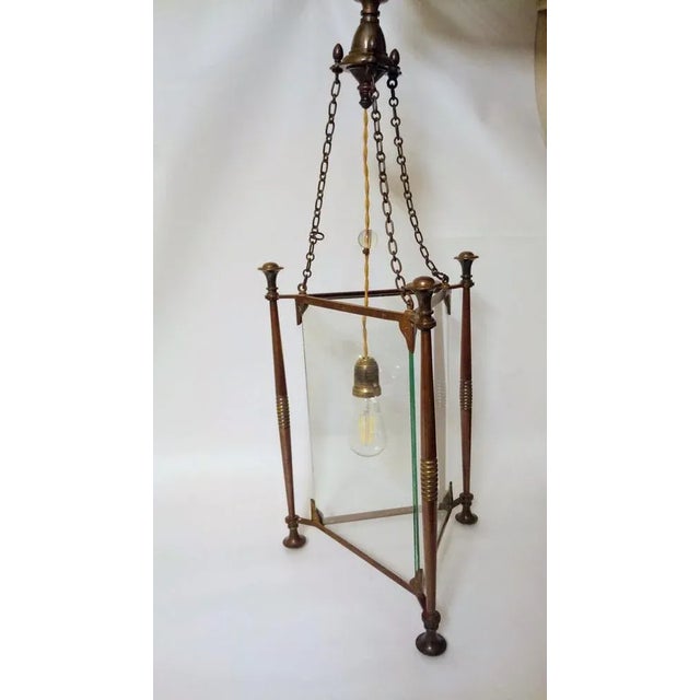 Art Nouveau Style Triangular-Shaped Lantern in Bronze and Glass For Sale - Image 6 of 6