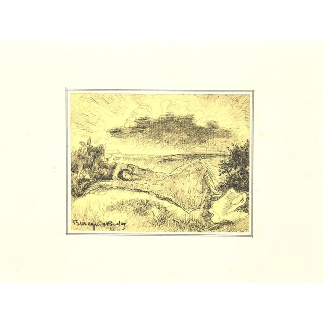 Figure in the Landscape is an original colored drawing in pen on ivory-colored paper, realized by Bertrand Mogniat-Duclos....