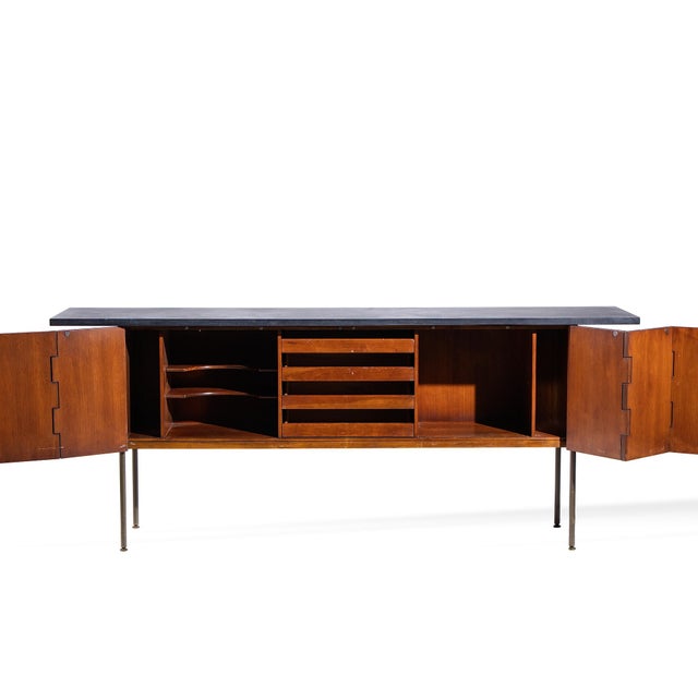 Milo Baughman for Directional Mid Century Walnut, Slate and Brass Console Credenza For Sale In Chicago - Image 6 of 9