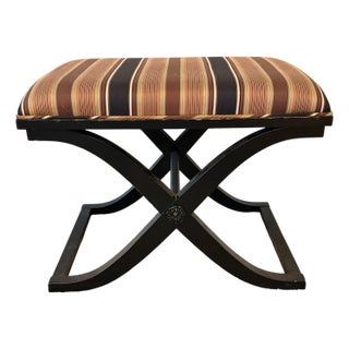 Port 68 Ebonized Wood X-Leg Neoclassical Alex Bench With Striped Upholstery For Sale