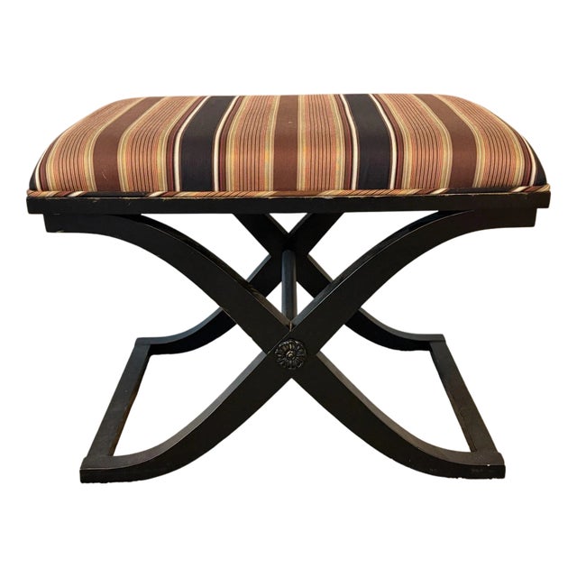 Rare Vintage Port 68 Ebonized Wood X-Leg Neoclassical Alex Stool With Striped Upholstery For Sale