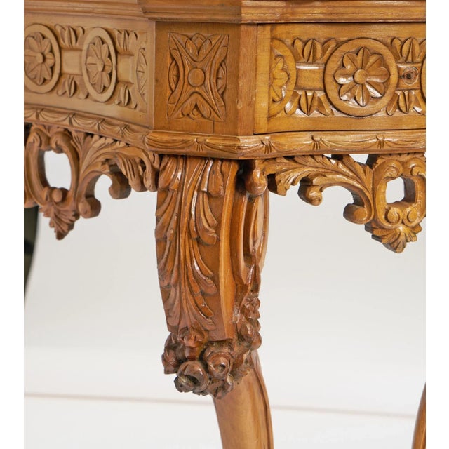 Cinnamon Antique English Hand-Carved Oak Wood Marble Top Continental Console Table For Sale - Image 8 of 12