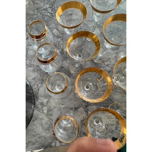 Set your table with splendor! Beautiful Gilted Crystal set: wine, water, champagne, cordial, SHOT glasses plus 4 Brandy (...