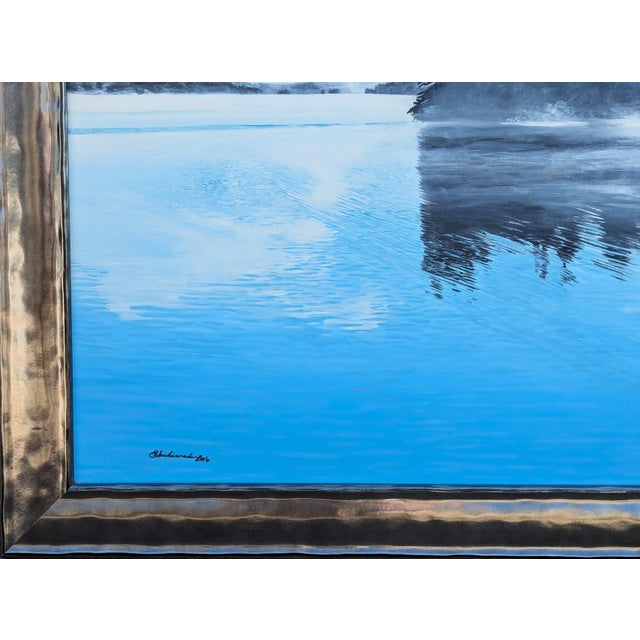 Blue Bruce Herchenrader Contemporary Blue Toned Realistic Forested Lake Landscape Nature Painting, 2010 For Sale - Image 8 of 11