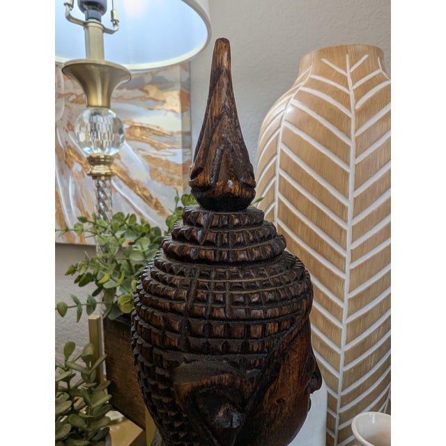 Wood Vintage Hand Carved Wooden Buddha Statue Sculpture Meditation Figure 14” Thai For Sale - Image 7 of 12