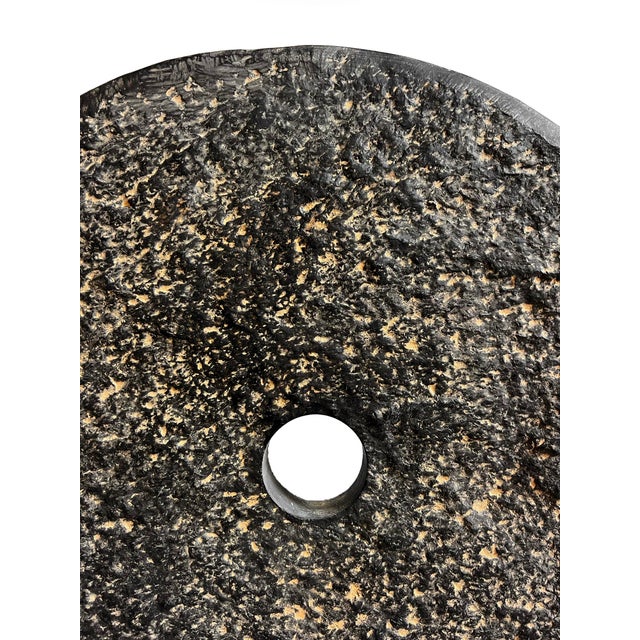 Modern Vintage Black Stone Modern Minimalist Chiseled Disk on Stand Large For Sale - Image 3 of 4