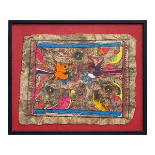 Framed Folk Art Bird Painting on Textured Paper | Colorful Floral Wall Art, C. 1960’s For Sale