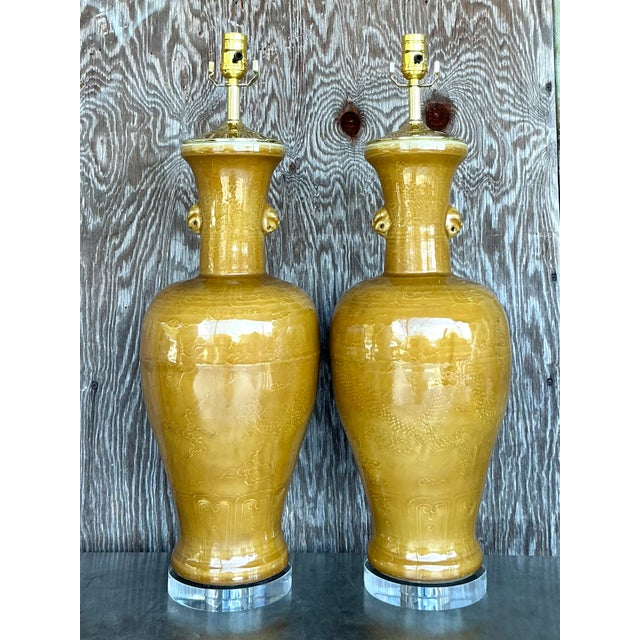 Vintage Boho Glazed Porcelain Dragon Relief Lamps - A Pair For Sale - Image 4 of 12