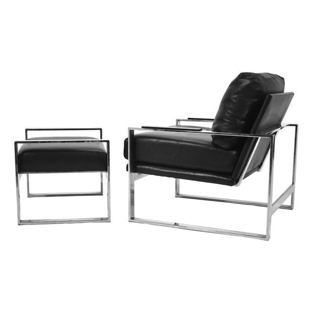 Chrome Frame Lounge Chair & Ottoman in the Manner of Milo Baughman For Sale
